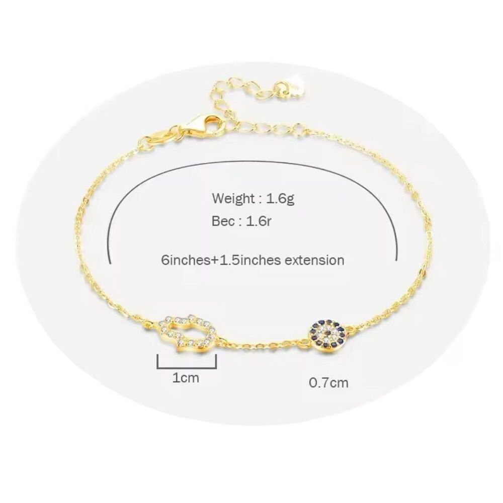 Chic Trendy Evil Eye Blue Zirconia 925 Silver Gold Plated Bracelet Dainty - Picture 7 of 8